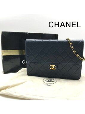 Chanel CC Logo Quilted Lambskin Chain Shoulder Bag Navy Push Lock